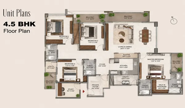 An architectural 2D floor plan of a 4.5 BHK villa at Embassy Biome Residences, showcasing 4 bedrooms, a study or helper's room, a living and dining hall, and a kitchen with room measurements and furniture layout.