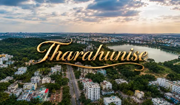 A wide-angle view of a well-developed, tree-lined road representing Tharahunise, North Bangalore, showcasing smooth city infrastructure, modern urban surroundings, and green roadside landscapes.