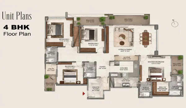 An architectural 2D blueprint of the 4 BHK villa floor plan at Embassy Biome Residences, showing a spacious layout with four bedrooms, a living and dining room, a kitchen, and an attached utility area.