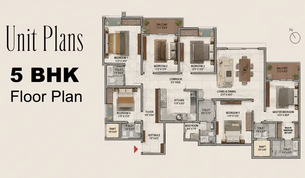An architectural 2D blueprint of the 5 BHK villa floor plan at Embassy Biome Residences, showing a spacious layout with five bedrooms, a living and dining room, and a kitchen with an attached utility area.